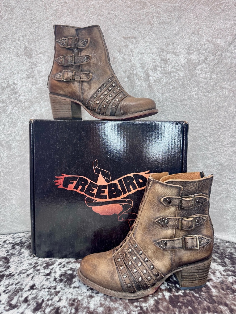 Freebird by Steven Distressed Brown Studded Buckle Ankle Boots